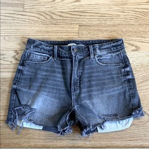High rise black light wash black jean shorts
